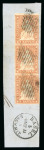 Stamp of Switzerland / Schweiz » Sitzende Helvetia Ungezähnt » Münchner Druck, 1. Auflage 1855, 5 Rp. braun, 1. Münchner Druckperiode, im senkrechten Dreierstreifen auf Briefstück