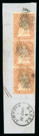 Stamp of Switzerland / Schweiz » Sitzende Helvetia Ungezähnt » Münchner Druck, 1. Auflage 1855, 5 Rp. braun, 1. Münchner Druckperiode, im senkrechten Dreierstreifen auf Briefstück