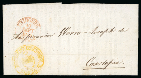 Stamp of Switzerland / Schweiz » Vorphilatelie Schweiz 1844, Drucksache von Fribourg nach Courtepin  mit gelbem Stempel « FRIBOURG 10 SEPT 1844 SUISSE >>