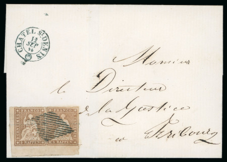 Stamp of Switzerland / Schweiz » Sitzende Helvetia Ungezähnt » 1854-55 Berner Druck (I) 1856, 5 Rp. braun, 1. Berner Druckperiode, im waagerechten Paar auf Brief