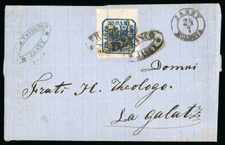 Stamp of Romania » United Principalities 1862-1864 1863 Cover fragment (front cover) and a cover franked with 30 parale blue of the 1862 United Principalities issue