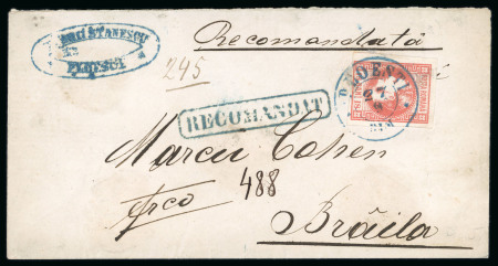 Stamp of Romania » 1868-70 Prince Carol I - New Currency 1868/70 Group of 5 fragments/fronts of cover franked with 18 bani in various shades
