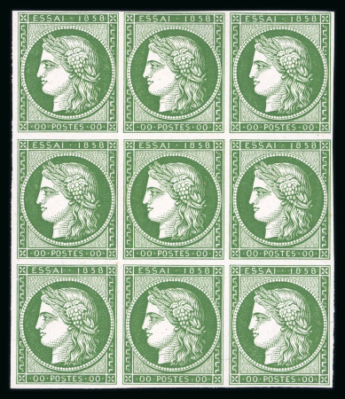 Stamp of Greece » Large Hermes Heads » 1861 Barre proofs 1858 French Essay: Block of 9 of the green "Cérès 1858" plate proof.