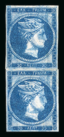 Stamp of Greece » Large Hermes Heads » 1861 Barre proofs Vertical pair of the 20 lepta plate-proof printed recto-verso (Constantinidès n° 5 ES. II.7).