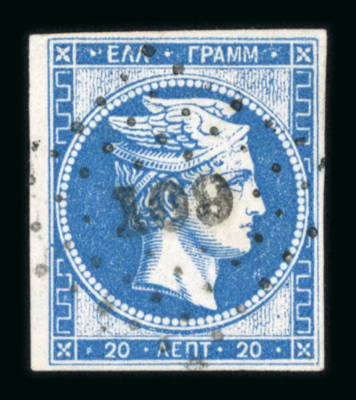 Stamp of Greece » Large Hermes Heads » 1870 Special Print ("hard" method of printing) 20 lepta Special Printing (1870)  - First printing of this emission, the so called "Bleu de Sèvres". Franked "109" of Itaque (Type I) - Large margins. Very rare stamp. Signed Macoveanu