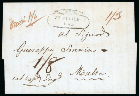 Stamp of Greece » Early Prephilatelic Period Pre-philatelic letter from Corfou (Apr. 22th, 1845) to Malta.