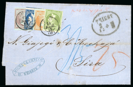 Stamp of Greece » Large Hermes Heads » Covers, frankings and destinations Unpaid letter from Trieste (Nov. 20th/Dec. 2nd, 1865) to Syros (Nov. 24th/Dec. 6th, 1865). Taxed at the arrival at 75 lepta.