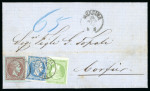 Stamp of Greece » Large Hermes Heads » Covers, frankings and destinations Paid letter from Messina (Oct. 12th/24th, 1874) to Corfou (Oct.16th/28th, 1874), via  Gallipoli (Oct 15th/27th, 1874).Taxed at the arrival at 65 lepta