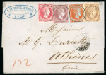 Stamp of Greece » Large Hermes Heads » Covers, frankings and destinations Unpaid letter from Lyon (July 1st/13th, 1866) to Athens (July 6th/18th, 1866), via Marseille (July 2nd/14th, 1866) and with Lyon to Marseille ambulant postmark ((July 2nd/14th, 1866). Taxed at the arrival at 132 lepta