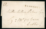 Stamp of Ireland » Postal History (Arranged alphabetically by County) Offaly - Banagher: 1802 Folded entire to Mountjoy Square, Dublin, showing on face clear strike of the linear BANAGHER hs in black, with a manuscript "a" (alphabet window) indicating that the cover had been missorted to t