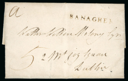 Stamp of Ireland » Postal History (Arranged alphabetically by County) Offaly - Banagher: 1802 Folded entire to Mountjoy Square, Dublin, showing on face clear strike of the linear BANAGHER hs in black, with a manuscript "a" (alphabet window) indicating that the cover had been missorted to t