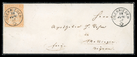 Stamp of Switzerland / Schweiz » Sitzende Helvetia Ungezähnt » 1857-62 Berner Druck, Dickes Papier 1862, 20 Rp. orange, 4. Berner Druckperiode, auf Trauerbrief von Oberrieden nach Memmingen