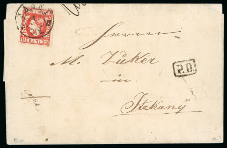 Stamp of Romania » King Carol 1869 - "Without Beard" Imperforate 1869 15b vermilion on near border/reduced rate cover