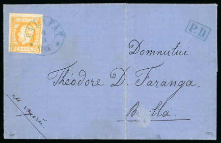Stamp of Romania » King Carol 1871 - "With Beard" Imperforate Romania 1872 10b ship mail entire Calafat to Brailla