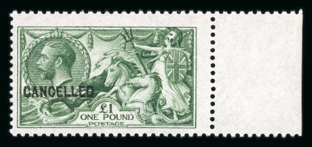 Stamp of Great Britain » King George V » 1913-19 Seahorse Issues 1913-13 £1 yellowish green colour trial with "CANCELLED" type 24 overprint on Joynson paper, mint n.h.