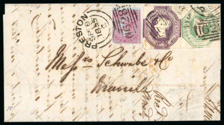 Stamp of Great Britain » 1847-54 Embossed 1855 (Sep 8) wrapper from Preston to Manilla in the Philippines, franked with Embossed 6d and 1s and Surface Printed 4d