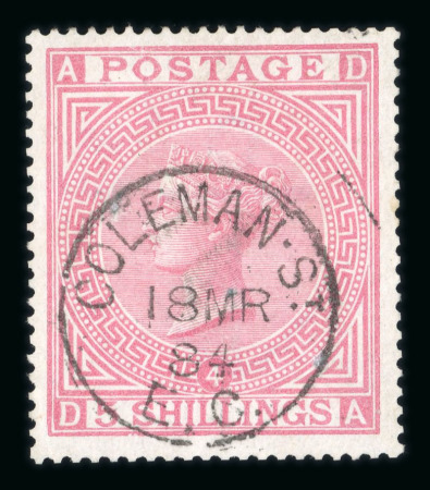 Stamp of Great Britain » 1855-1900 Surface Printed » 1867-83 High Values 167-83 wmk Anchor 5s rose pl.4 used with superb cds