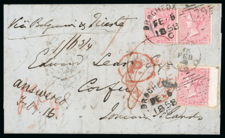 Stamp of Ireland » GB Used In Ireland 1858 (Feb 5) large part entire from Drogheda to Edward Lear in Corfu, Ionian Islands