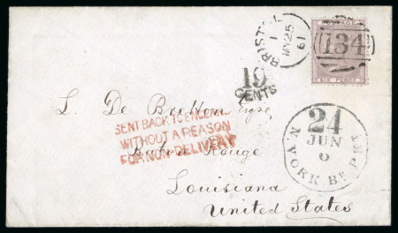 Stamp of Great Britain » 1854-1900 Postal History of the Perforated Line Engraved and Surface Printed Issues 1861 (May 25) Envelope to Louisiana, USA, sent during the American Civil War when postal services to the southern states had been suspended