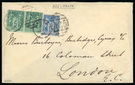 Stamp of Malta Malta 1886 cover to London, French issues used A25 duplex