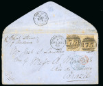 Stamp of Great Britain » 1854-1900 Postal History of the Perforated Line Engraved and Surface Printed Issues 1865 (Feb 23) envelope from Birmingham to Brazil with 1862-64 9d bistre pair endorsed "pr French Steamer"