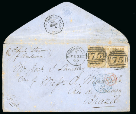 Stamp of Great Britain » 1854-1900 Postal History of the Perforated Line Engraved and Surface Printed Issues 1865 (Feb 23) envelope from Birmingham to Brazil with 1862-64 9d bistre pair endorsed "pr French Steamer"