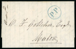 Stamp of Turkey » Pre-Adhesive Period Libia 1877 entire to Malta blue P.P. handstamp
