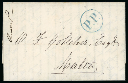 Stamp of Turkey » Pre-Adhesive Period Libia 1877 entire to Malta blue P.P. handstamp