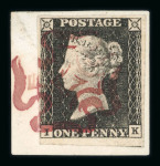 Stamp of Great Britain » 1840 1d Black and 1d Red plates 1a to 11 1840 1d grey-black pl. 1a IK, clear to very large margins, tied to small piece by magenta Maltese Cross (cert. states "watery purplish-red")