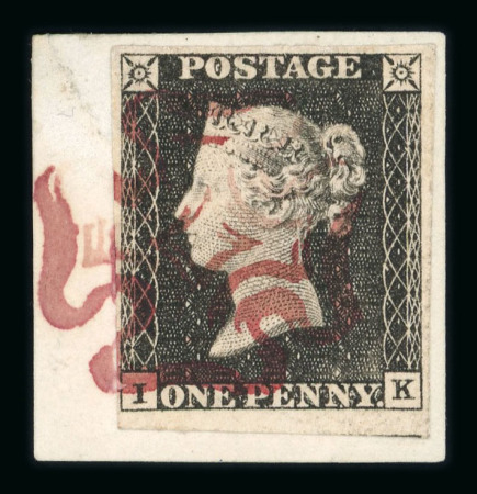 Stamp of Great Britain » 1840 1d Black and 1d Red plates 1a to 11 1840 1d grey-black pl. 1a IK, clear to very large margins, tied to small piece by magenta Maltese Cross (cert. states "watery purplish-red")