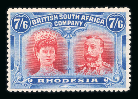 Stamp of Rhodesia 1910-1913, 7/6d carmine and-bright chalky blue, a lovely