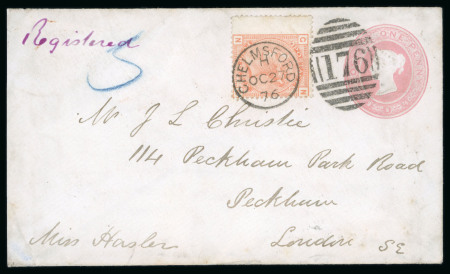 Stamp of Great Britain » 1854-1900 Postal History of the Perforated Line Engraved and Surface Printed Issues 1876 (Oct 27) 1d pink postal stationery envelope sent registered from Chelmsford to London, uprated with 1873-80 4d vermilion