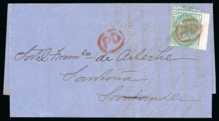 Stamp of Great Britain » 1854-1900 Postal History of the Perforated Line Engraved and Surface Printed Issues 1874 (Feb 10) Entire from London to Spain with 1873-80 1s green pl.8 wing marginal cancelled by red "PD" in oval only