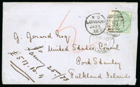Stamp of Falkland Islands 1878 (Jan 25) Incoming envelope to the Falkland Islands from London, sent to the United States Consul in Port Stanley