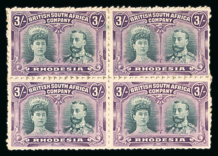 Stamp of Rhodesia 1910-1913 3/ green and magenta, block of four, mounted
