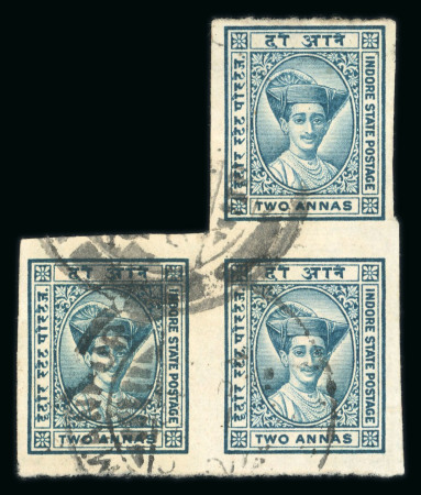 Stamp of Indian States » Indore 1934 group of imperforates, incl. SG 21a used block of 3, SG 24a single and SG 26a single all used