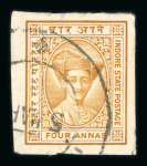 Stamp of Indian States » Indore 1934 group of imperforates, incl. SG 21a used block of 3, SG 24a single and SG 26a single all used