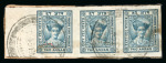 Stamp of Indian States » Indore 1934 2a bluish green imperf. left marginal strip of three used on piece
