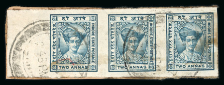 Stamp of Indian States » Indore 1934 2a bluish green imperf. left marginal strip of three used on piece
