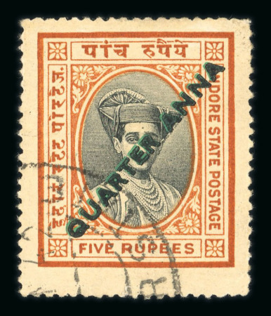 Stamp of Indian States » Indore 1940 Surcharges 1/4a on 5R with double surcharge variety (black over green), neatly used