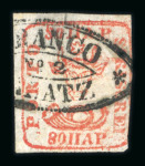 Stamp of Romania » 1858 (1st Nov.) - 1861 Moldavia - Handstruck at Jassy - Imperforate 80 parale red  cancelled FRANCO GALATZ No.2 marking in black