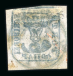 Stamp of Romania » 1858 (1st Nov.) - 1861 Moldavia - Handstruck at Jassy - Imperforate 40 parale blue on bluish paper, touched at top right cancelled by a complete centered JASSY MOLDOVA