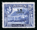 Stamp of Aden 1951 KGVI 15c on 2 1/2a deep ultramarine, with surcharge
