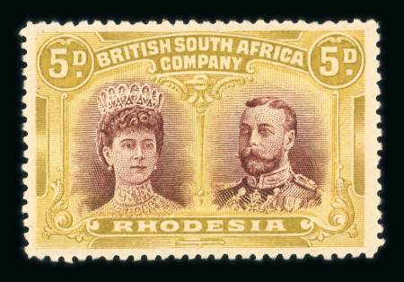Stamp of Rhodesia 1910-1913 5d purple-brown and ochre, error of colour,