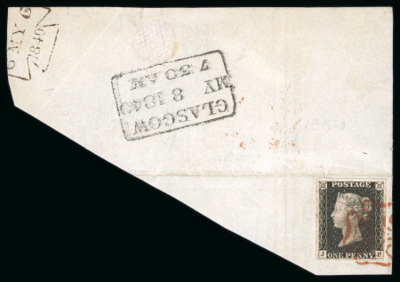 Stamp of Great Britain » 1840 1d Black and 2d Blue "May Dates" 1840 1d. black, JF, Pl. 2, neatly tied to small piece