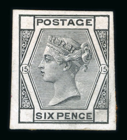 Stamp of Great Britain » 1855-1900 Surface Printed » 1873-80 Large Coloured Corner Letters 1874 6d. stamp size die proof in black on glazed card