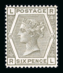 Stamp of Great Britain » 1855-1900 Surface Printed » 1880-83 Large Coloured Corner Letters, Wmk Imperial Crown 1880 6d. grey, RL, Pl.18, line perf. 14 ex "Before