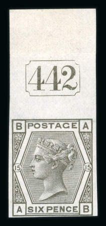Stamp of Great Britain » 1855-1900 Surface Printed » 1873-80 Large Coloured Corner Letters 1876 6d. deep-grey, AB, Pl.15, imperforate imprimatur