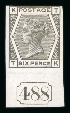 Stamp of Great Britain » 1855-1900 Surface Printed » 1873-80 Large Coloured Corner Letters 1873-80 6d. deep-grey, TK, Pl.16, imperforate imprimatur