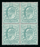 Stamp of Great Britain » King Edward VII » 1902-10 De La Rue Issues 1902 1/2d. blue-green block of four, variety watermark
